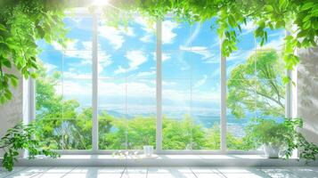 An open window with green plants and trees photo