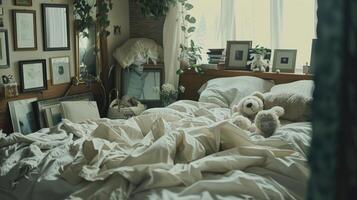A messy bed with a teddy bear sitting on top of it photo