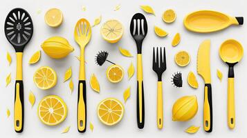A collection of kitchen utensils including a spoon, fork, knife and a lemon photo