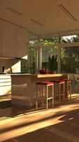 A kitchen with a large island and a large window photo