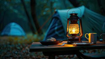 A campfire and a lantern sit on a table in the woods photo