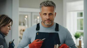 A man in an apron holding a knife and a woman in a kitchen photo