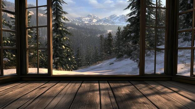 A window looking out onto a snowy mountain photo