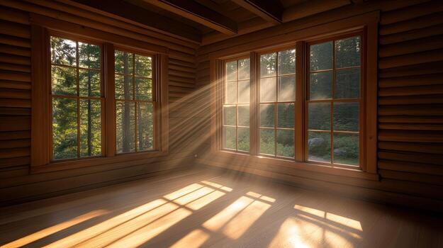 Sunlight shining through a window in a wooden cabin photo