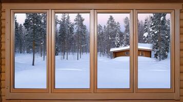 A window with a view of a snowy forest photo
