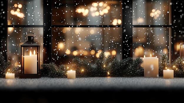 Candles and a window with snow falling outside photo