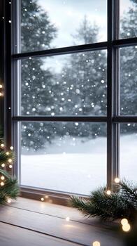 A window with christmas lights and snow outside photo