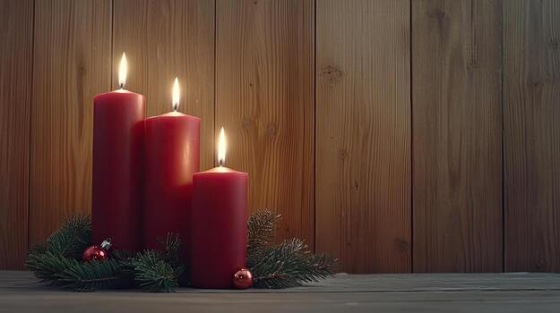 Three red candles on a wooden table with a christmas tree photo
