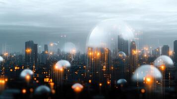 A city with many lights and a futuristic cityscape photo