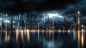 Futuristic cityscape with lights and reflections photo