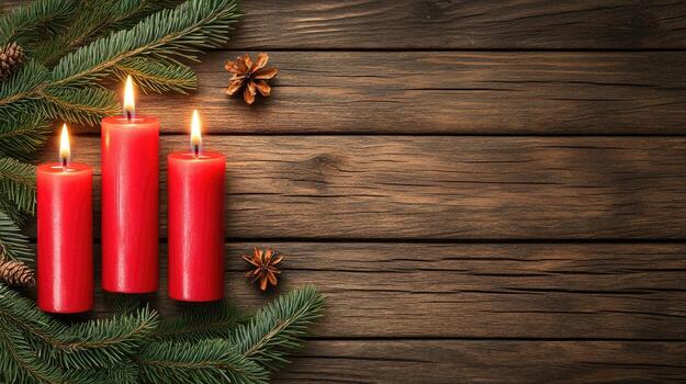Three red candles on a wooden table with evergreen branches photo