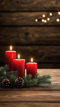 Three red candles on a wooden table with fir branches photo