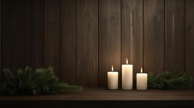Three candles on a wooden shelf with a christmas tree photo