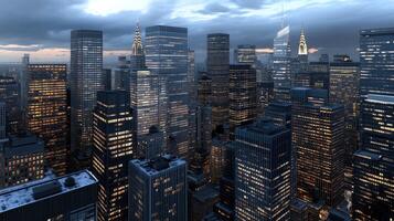 A cityscape with many tall buildings at night photo
