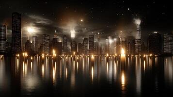 A city at night with lights and fire photo