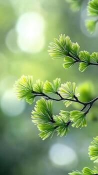 A branch with green leaves in front of a bright green background photo