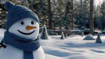 A snowman wearing a blue hat and scarf photo
