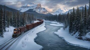 A train traveling through the mountains on a snowy day photo