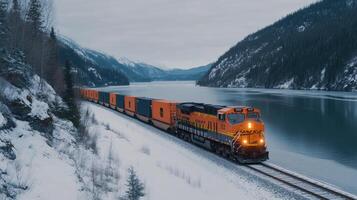A train traveling through the mountains in winter photo