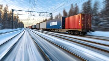 Freight train moving through snowy forest with motion blur photo