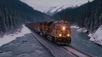 A train traveling through the snowy mountains photo