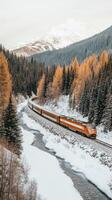 A train traveling through a snowy forest photo