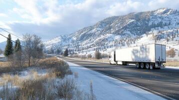 A semi truck driving down a snowy road photo
