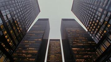 Two tall buildings are seen from below photo