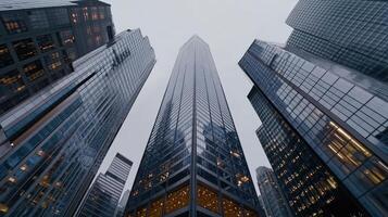 Tall buildings in the city with a foggy sky photo