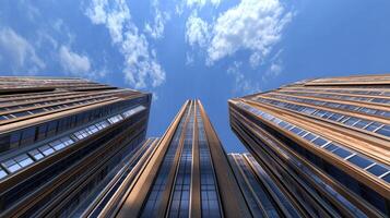 A view of tall buildings looking up at the sky photo