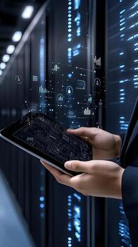Businessman holding tablet computer in data center photo