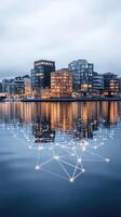 A city with connected buildings and water photo