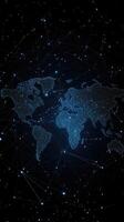 World map with network lines and dots on dark background photo