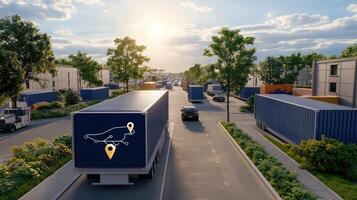 A truck driving down a road with a blue bird on it photo