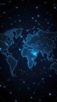 World map with network lines and dots on dark background photo