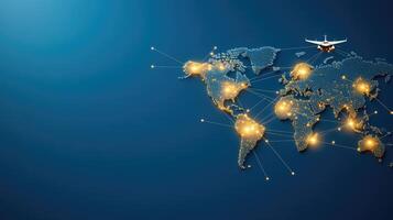 Airplane flying over the world map with connected network photo