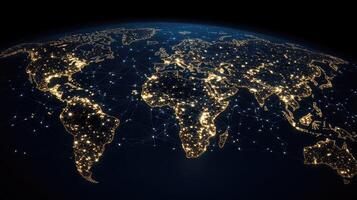 World map with network lines and lights on it, 3d rendering of the earth at night photo