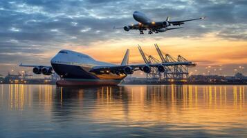 Airplane and cargo ship at sunset in port photo