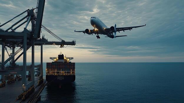 An airplane taking off from the ground near a container ship photo