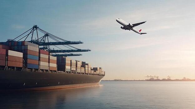A plane flying over a container ship photo