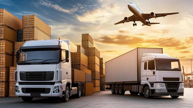 Truck and airplane in front of shipping containers photo