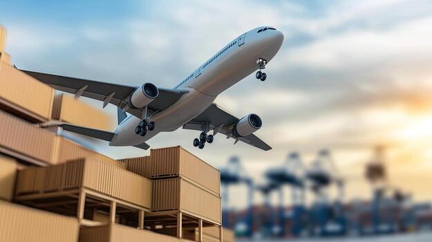 An airplane is flying over a container ship photo