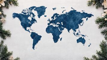 World map on white background with christmas tree branches photo