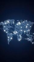 World map with connected lines and dots on dark background photo