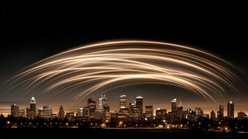 A city skyline with lights and trails photo