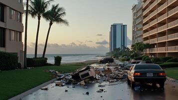 A car driving down a street with debris on the road photo