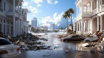 A street with debris and cars in the middle of a flooded city photo