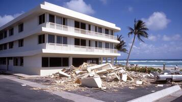 A building with debris on the street and a car parked in front photo
