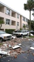 A car is sitting in the rubble of a building photo