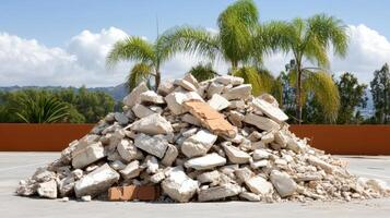 A pile of rubble sitting in front of a palm tree photo